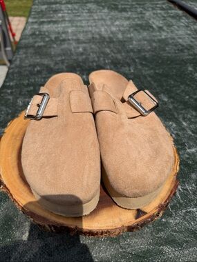 Madden Girl Tan Suede Buckled Clog Mules